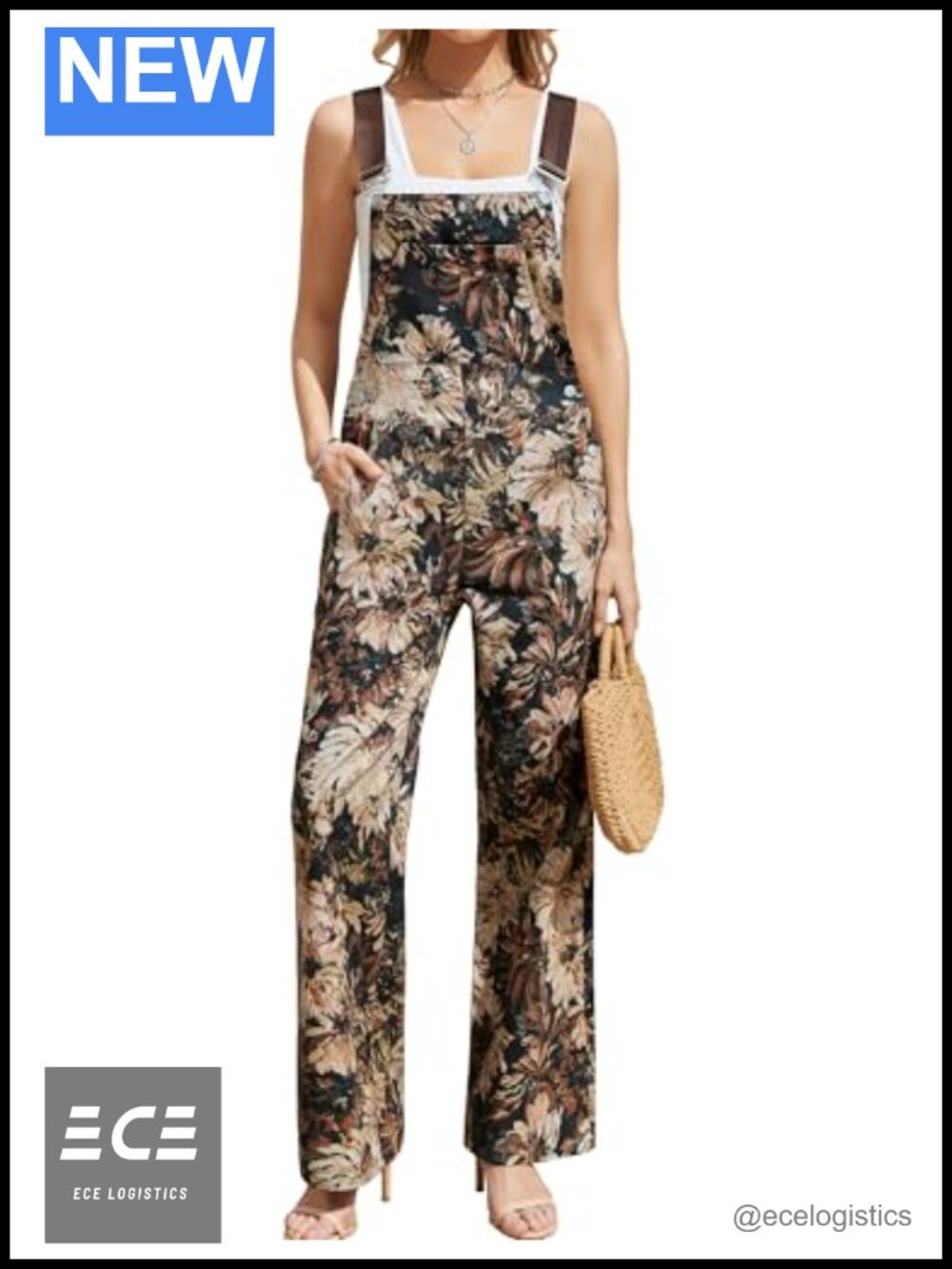 Odefou Floral Print Overalls Women Loose Fit Straight Leg Bib Jumpsuit